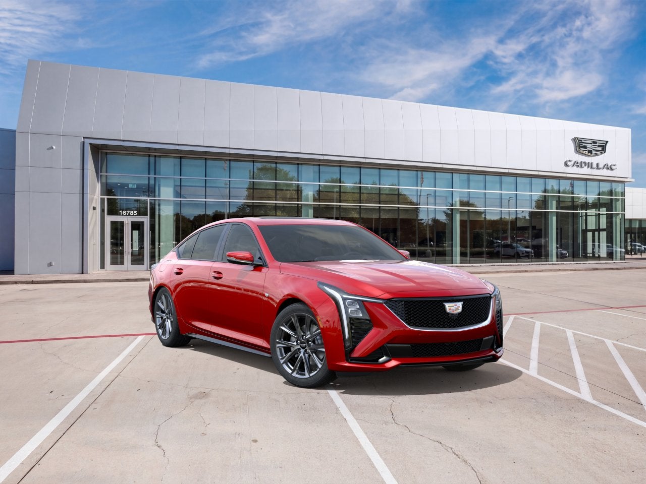 2026 Cadillac CT5 Sport in Radiant Red Tintcoat — front three-quarter view