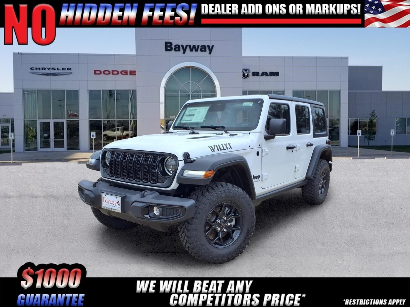 2026 Jeep Wrangler Willys in Bright White Clear-Coat Exterior Paint — front three-quarter view
