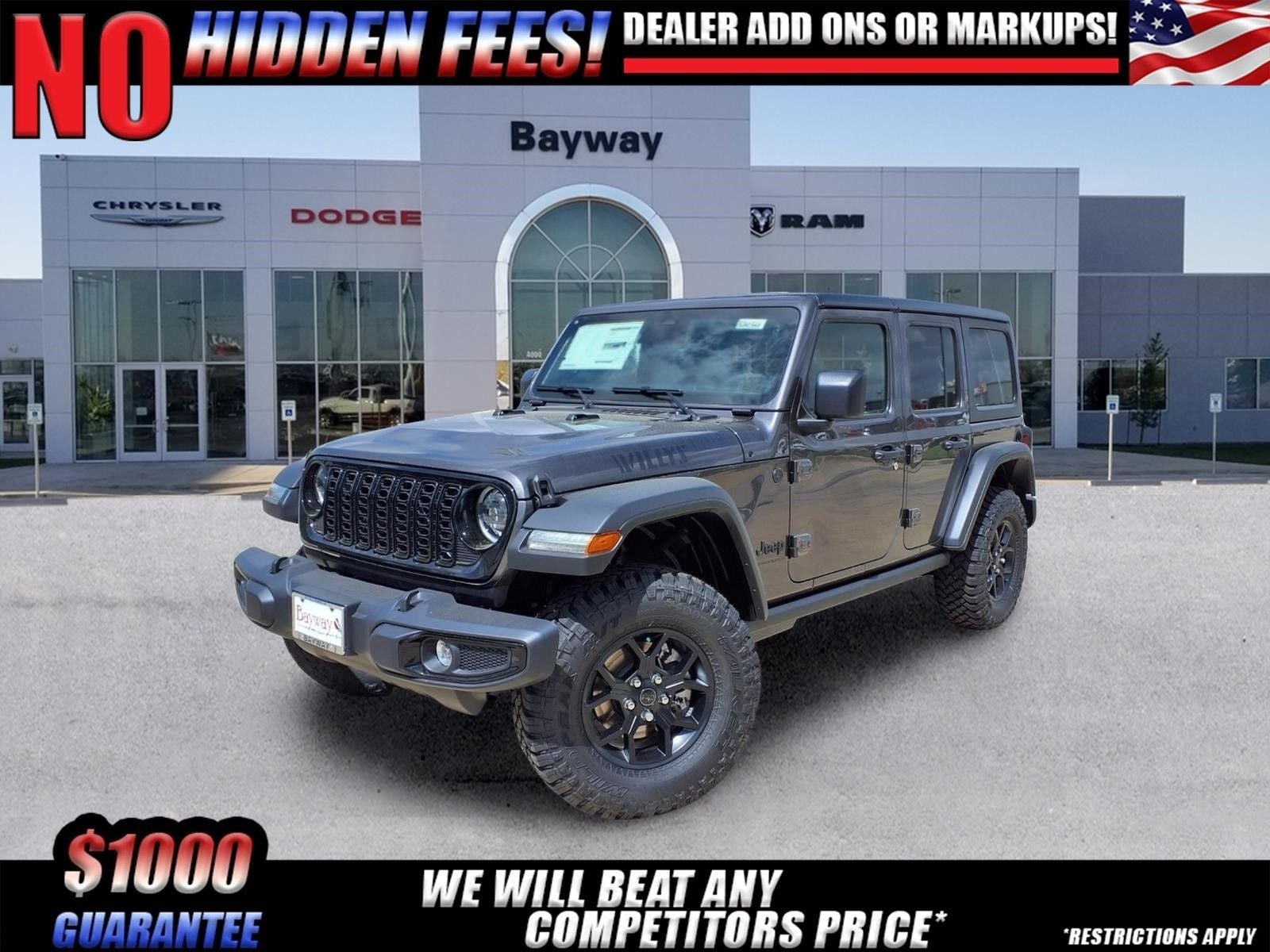 2026 Jeep Wrangler Willys in Granite Crystal Metallic Clear-Coat Exterior Paint — front three-quarter view