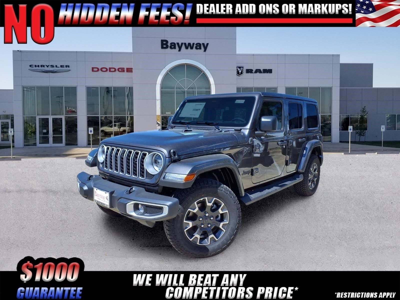 2026 Jeep Wrangler Sahara in Granite Crystal Metallic Clear-Coat Exterior Paint — front three-quarter view