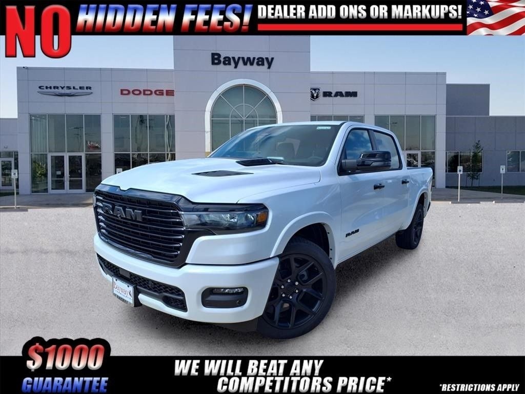 2026 RAM 1500 Laramie in Ivory White Tri-Coat Pearl-Coat Exterior Paint — front three-quarter view