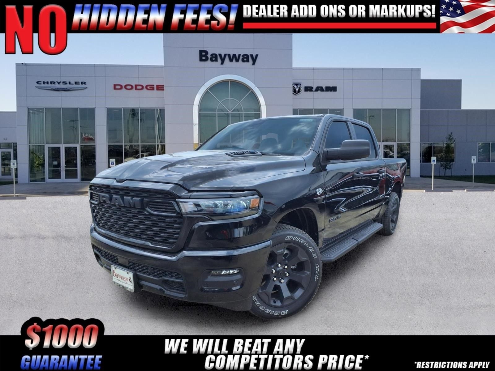2026 RAM 1500 Express in Diamond Black Crystal Pearl-Coat Exterior Paint — front three-quarter view
