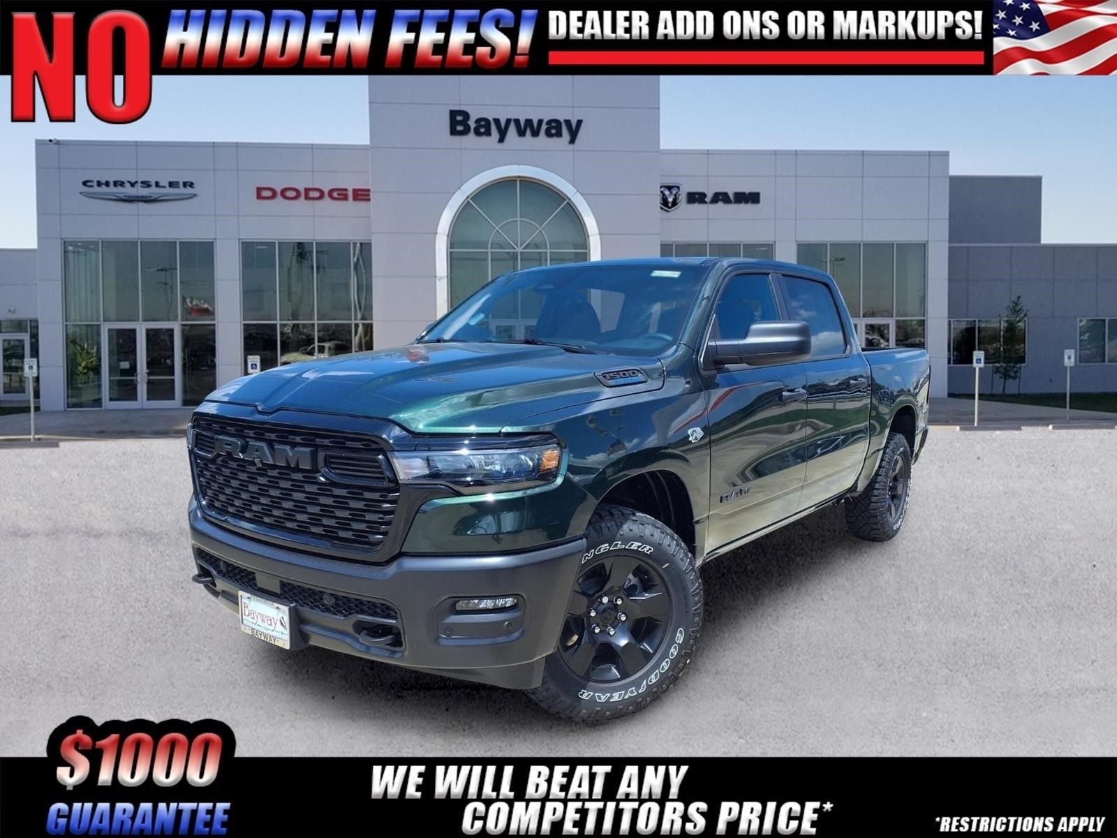 2026 RAM 1500 Warlock in Serrano-Green Metallic Exterior Paint — front three-quarter view