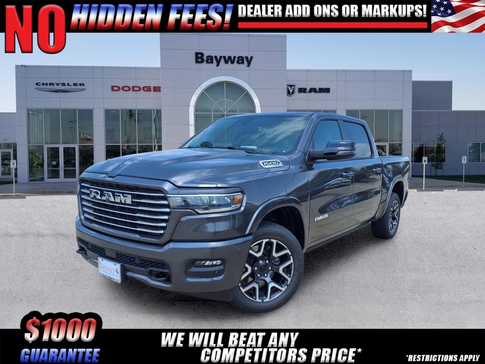 2026 RAM 1500 Laramie in Granite Crystal Metallic Clear-Coat Exterior Paint — front three-quarter view
