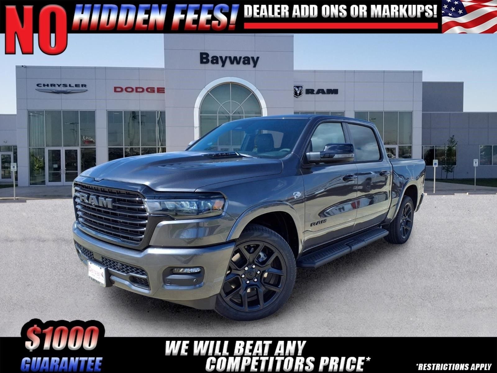 2026 RAM 1500 Laramie in Granite Crystal Metallic Clear-Coat Exterior Paint — front three-quarter view
