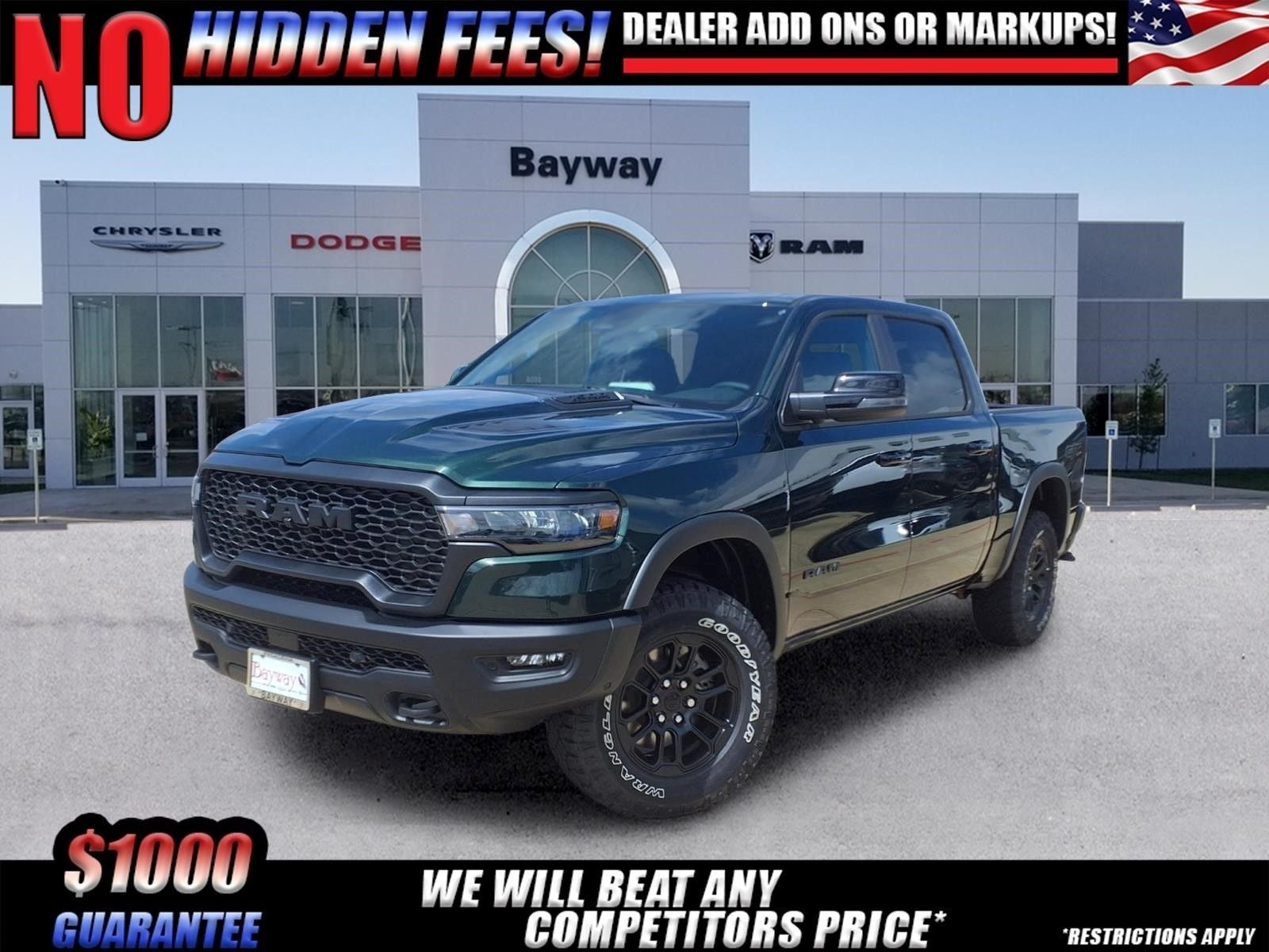 2026 RAM 1500 Rebel in Serrano-Green Metallic Exterior Paint — front three-quarter view