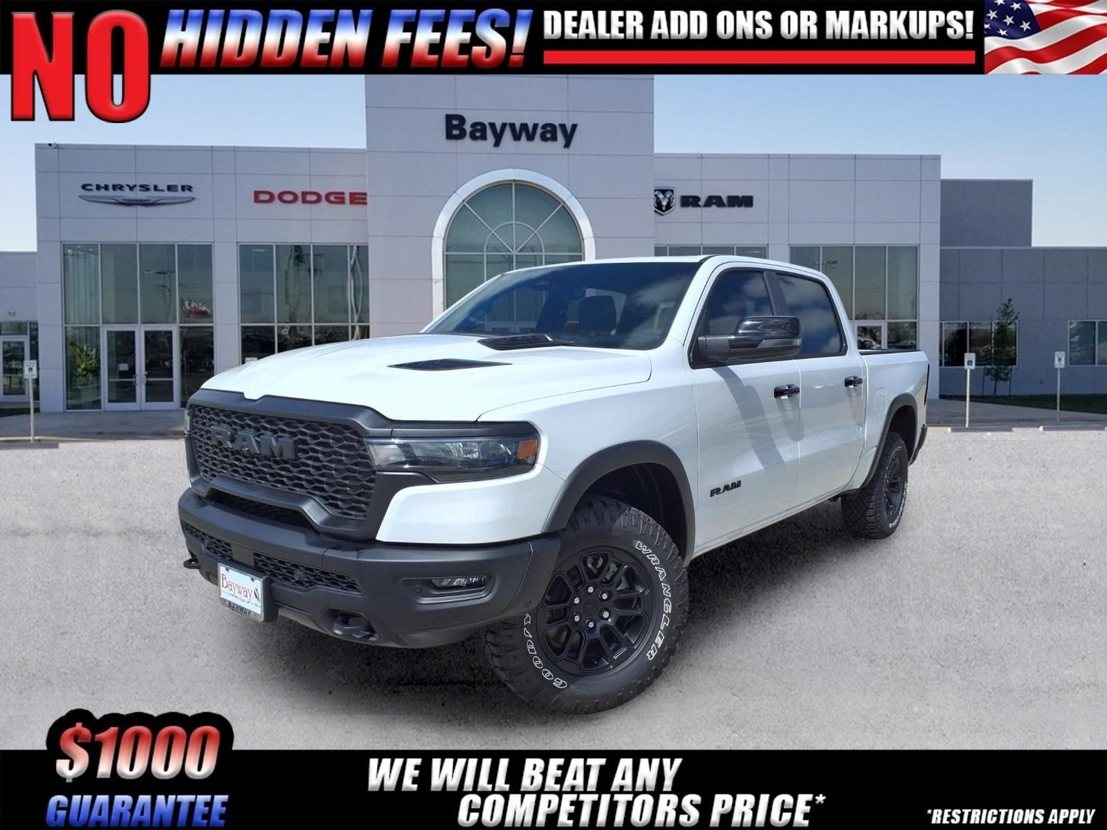 2026 RAM 1500 Rebel in Bright White Clear-Coat Exterior Paint — front three-quarter view