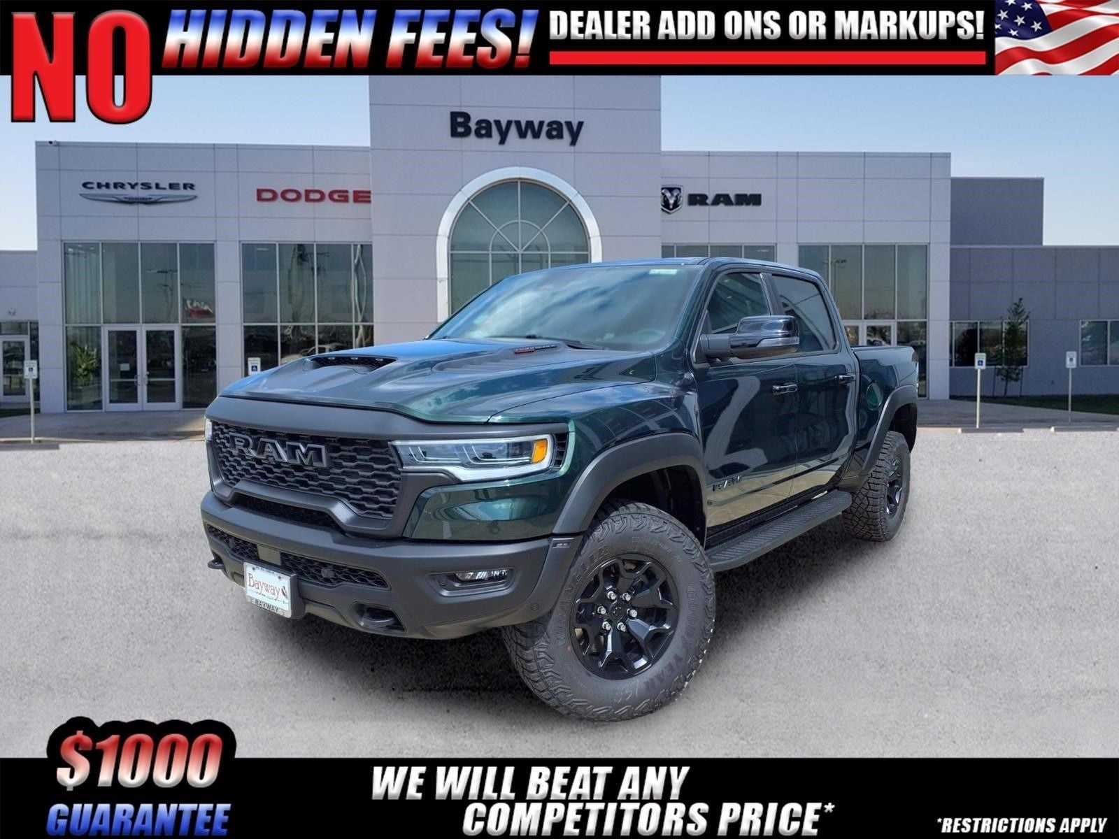2026 RAM 1500 RHO in Serrano-Green Metallic Exterior Paint — front three-quarter view