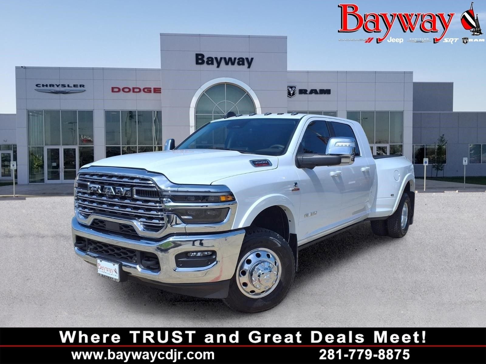 2025 RAM 3500 Limited DRW LONGHORN MEGA CAB 4X4 in Bright White Clearcoat — front three-quarter view