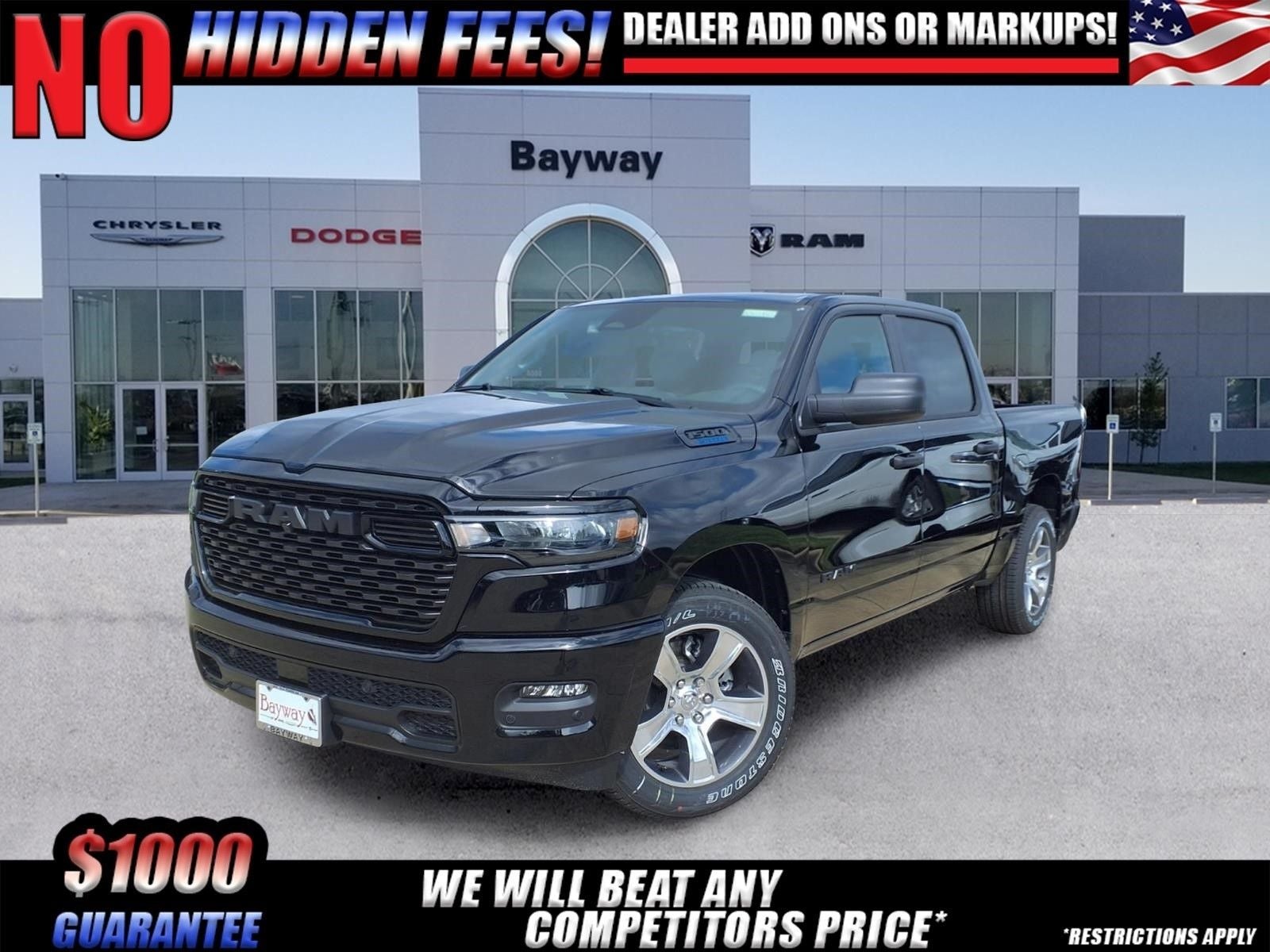 2026 RAM 1500 Express in Diamond Black Crystal Pearl-Coat Exterior Paint — front three-quarter view