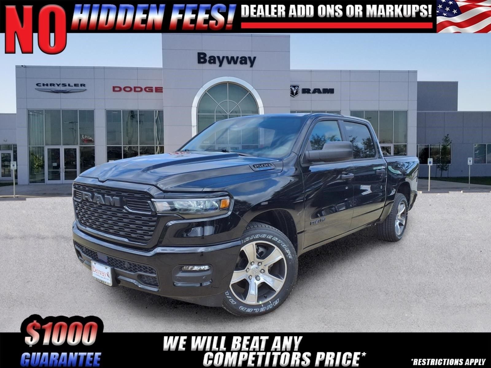 2026 RAM 1500 Express in Diamond Black Crystal Pearl-Coat Exterior Paint — front three-quarter view