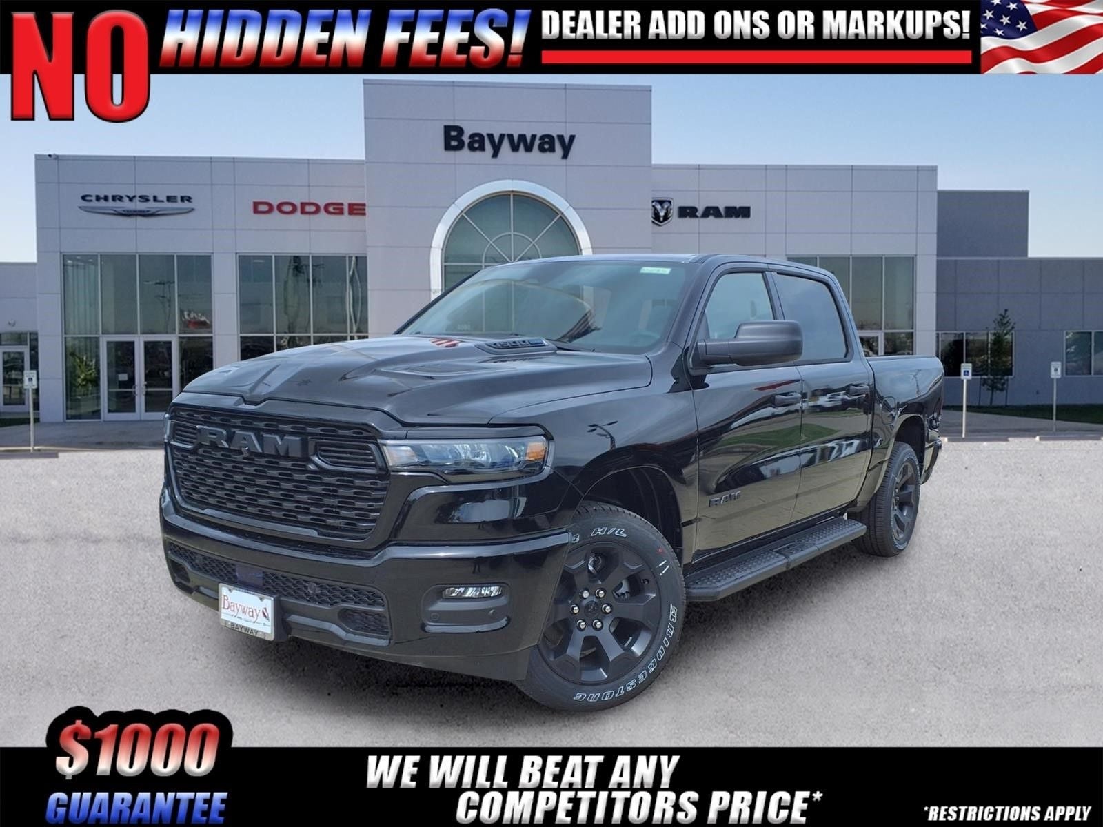2026 RAM 1500 Express in Diamond Black Crystal Pearl-Coat Exterior Paint — front three-quarter view
