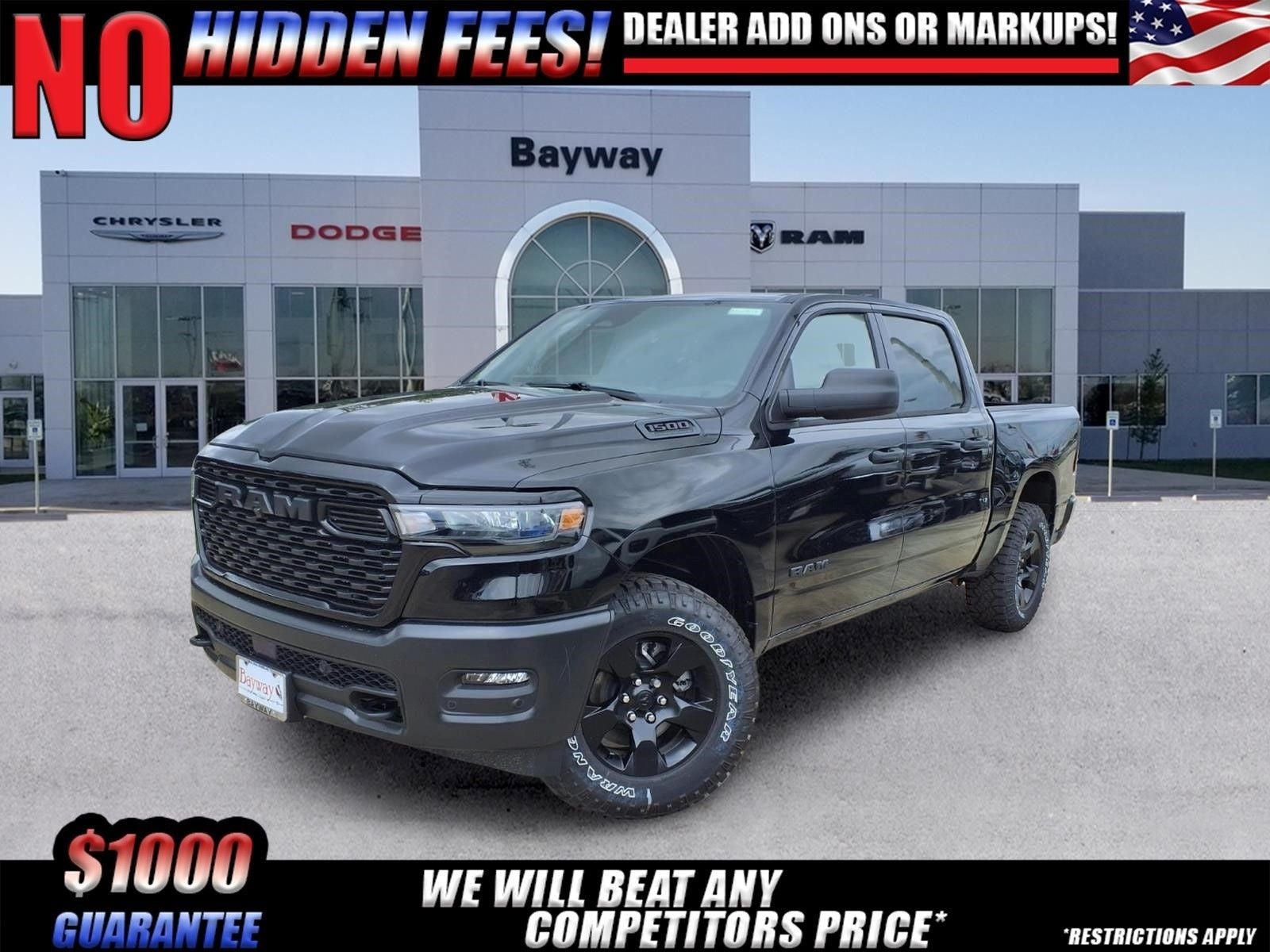 2026 RAM 1500 Warlock in Diamond Black Crystal Pearl-Coat Exterior Paint — front three-quarter view