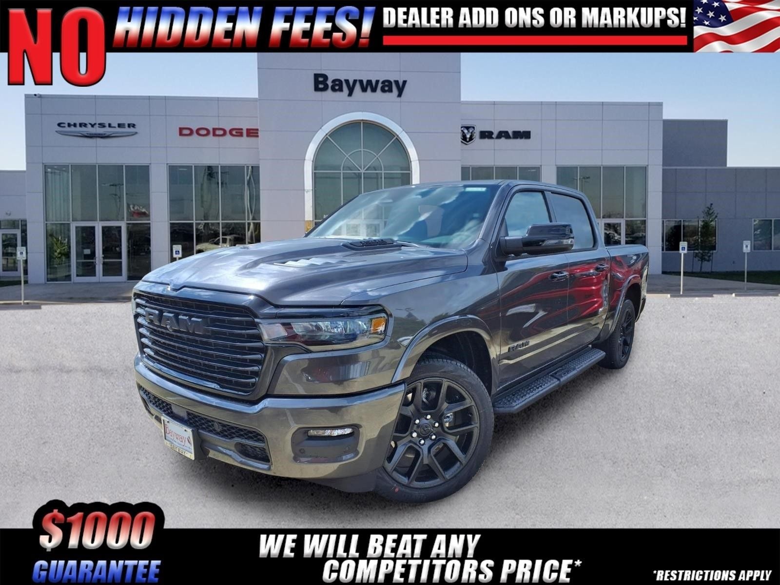 2026 RAM 1500 Laramie in Granite Crystal Metallic Clear-Coat Exterior Paint — front three-quarter view